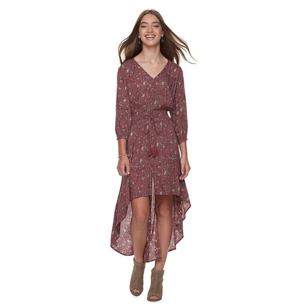 NWT American Rag Floral High-Low Crinkle Dress Burgundy Juniors Size M